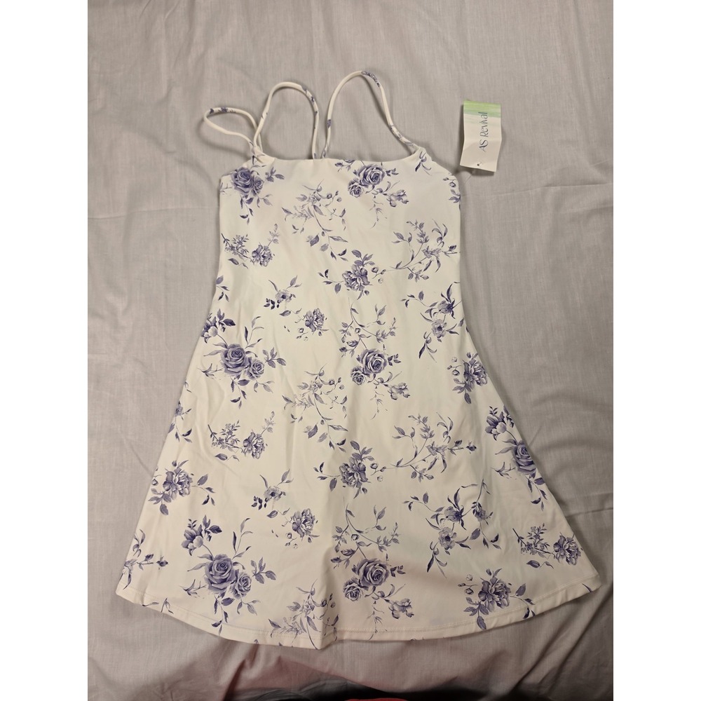 AS Revival Womens XS White Navy Floral Strappy Built-In Shorts Sundress DY0850-1